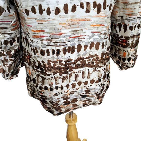 Chico's Sz 1 Brown Orange White Silk Jacket Geometric Hidden Closure Chicos M 8 - Picture 13 of 16